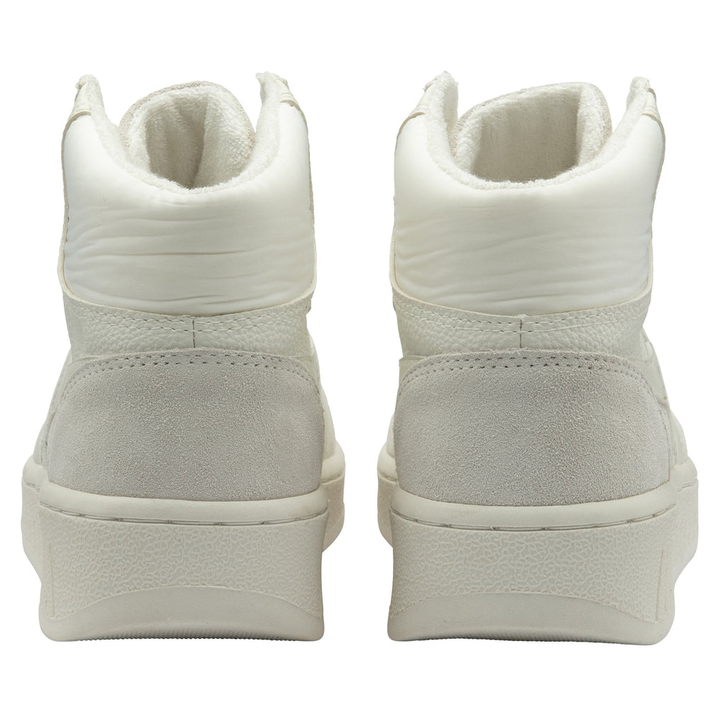 A rear view of a pair of white high-top sneakers.