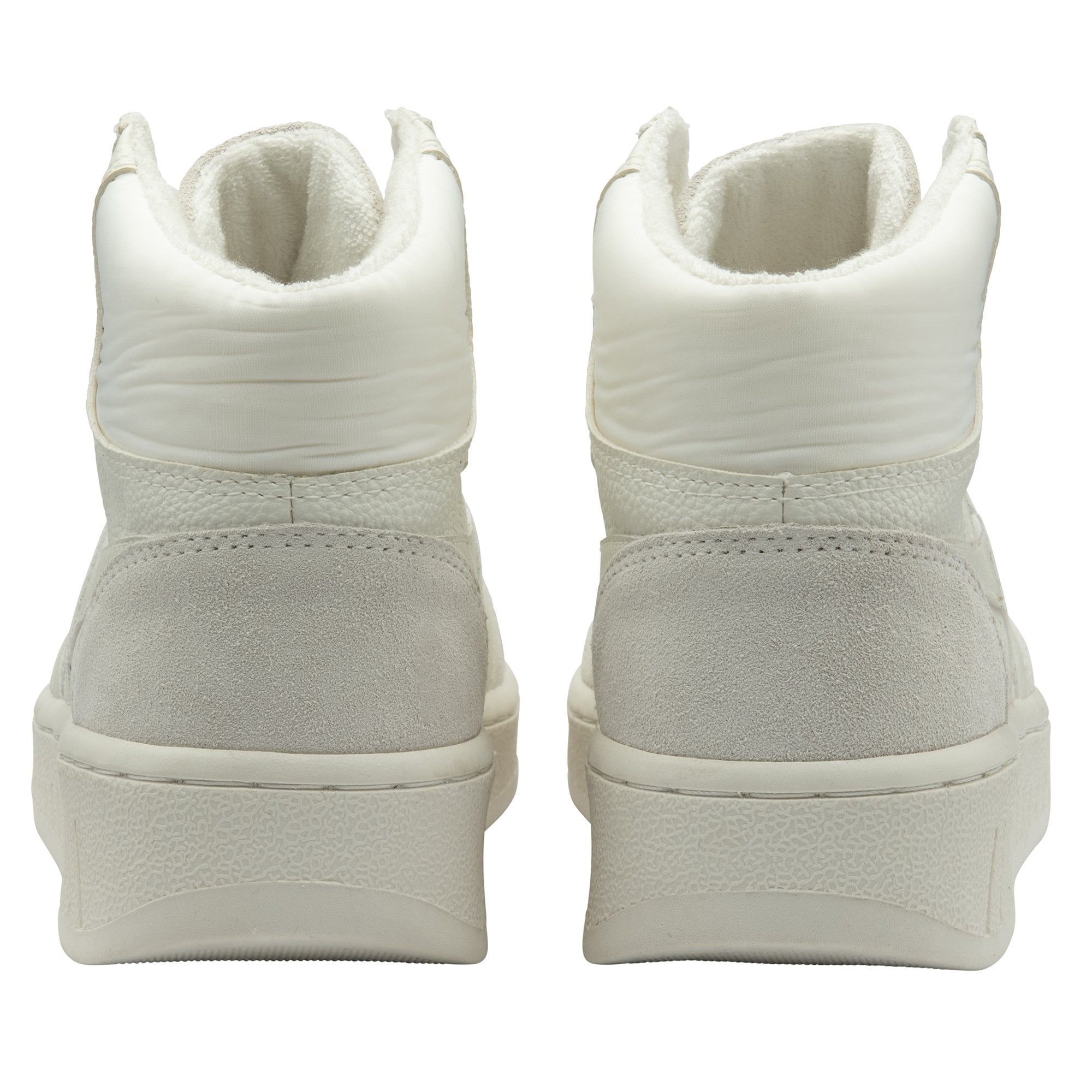 A rear view of a pair of white high-top sneakers.