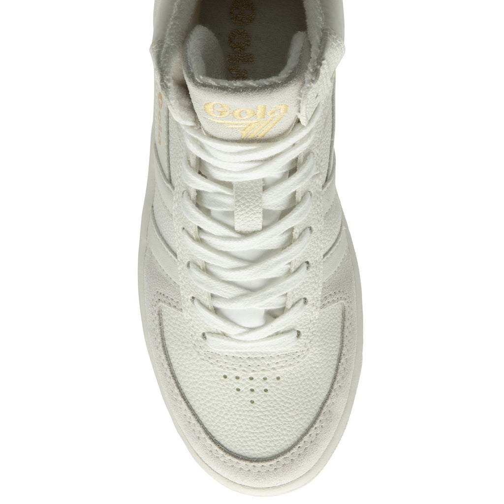 An overhead view of the toe box and laces of a white high-top Gola sneaker.
