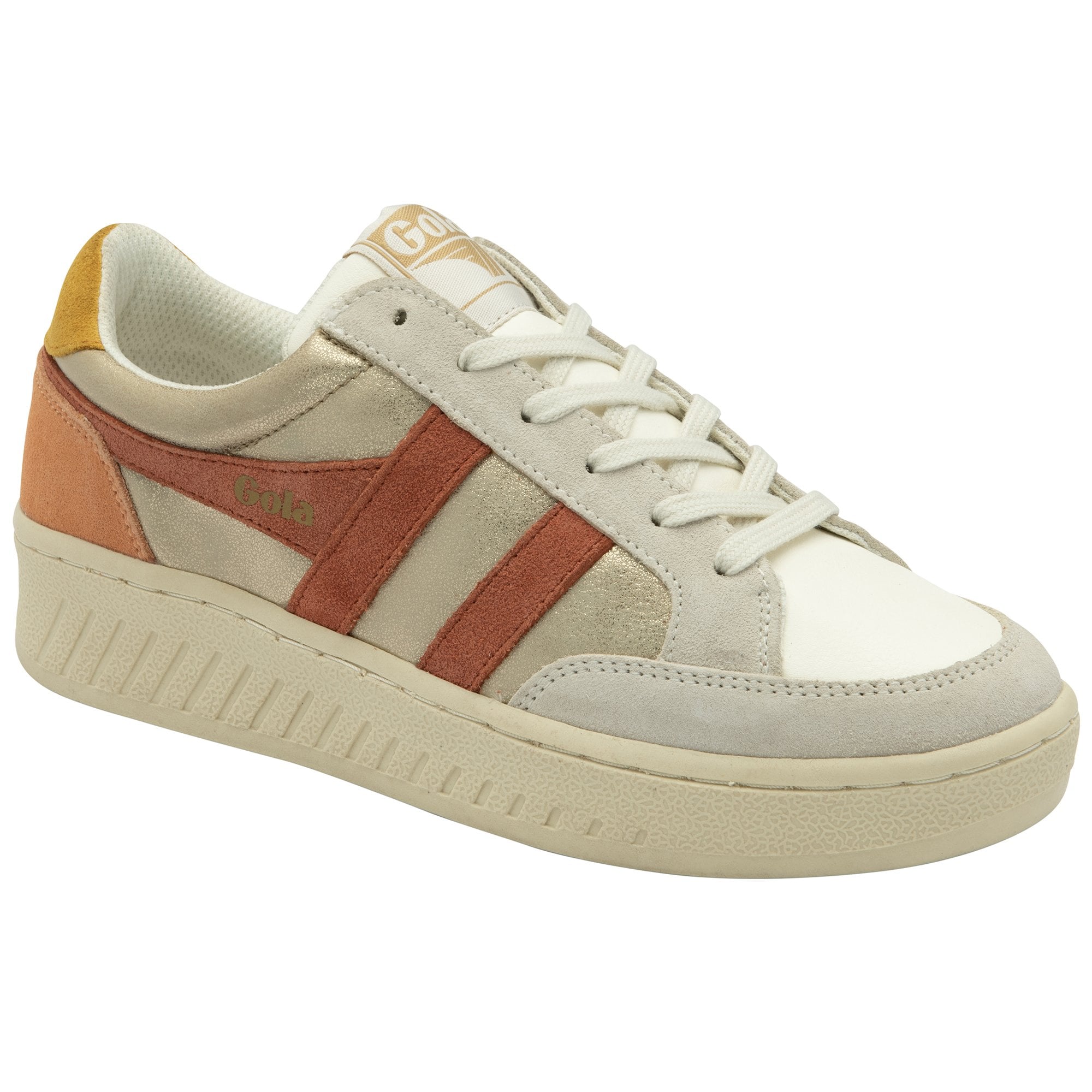 A single Gola sneaker with gold, brown, and white colors with an orange heel.