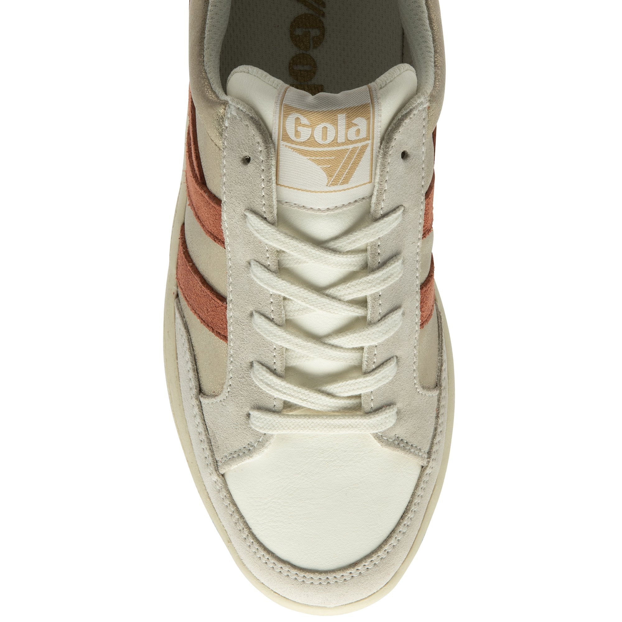 Top-down view of a single Gola sneaker, showing the laces and logo on the tongue.