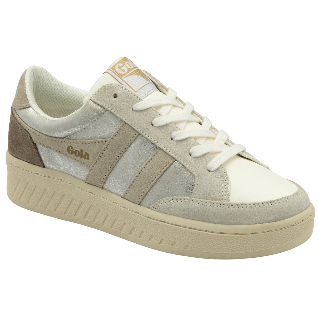 A single white Gola sneaker with a gray back and beige stripes, viewed from the side.