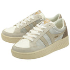 A pair of white Gola sneakers with gray backs and beige stripes, on a white background.