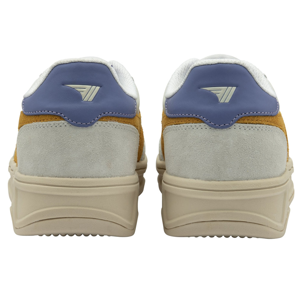 Back view of a pair of white sneakers with purple and mustard yellow accents.