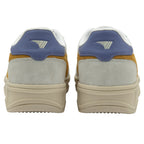 Back view of a pair of white sneakers with purple and mustard yellow accents.