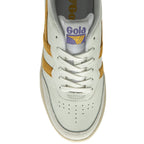 Top-down view of a white sneaker with mustard yellow stripes and a Gola logo.