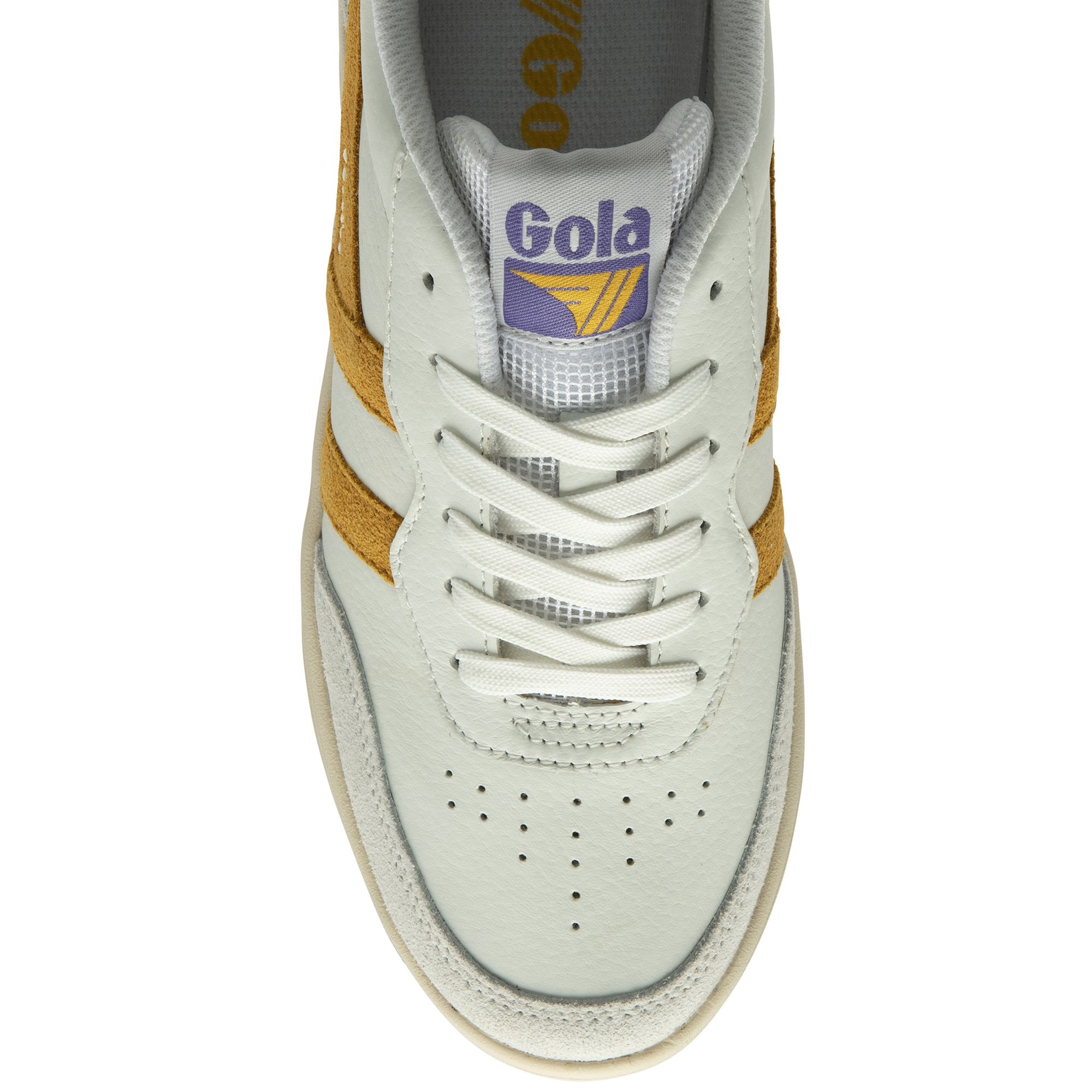 Top-down view of a white sneaker with mustard yellow stripes and a Gola logo.