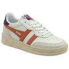 Angled view of a white Gola sneaker with orange stripes and a blue heel accent.