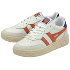 Pair of white Gola sneakers with orange stripes, blue heels, and cream soles.