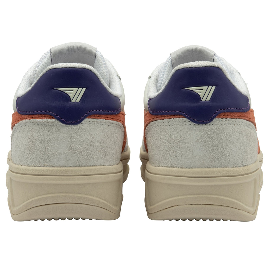 Rear view of two white Gola sneakers with blue and orange accents.