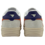 Rear view of two white Gola sneakers with blue and orange accents.