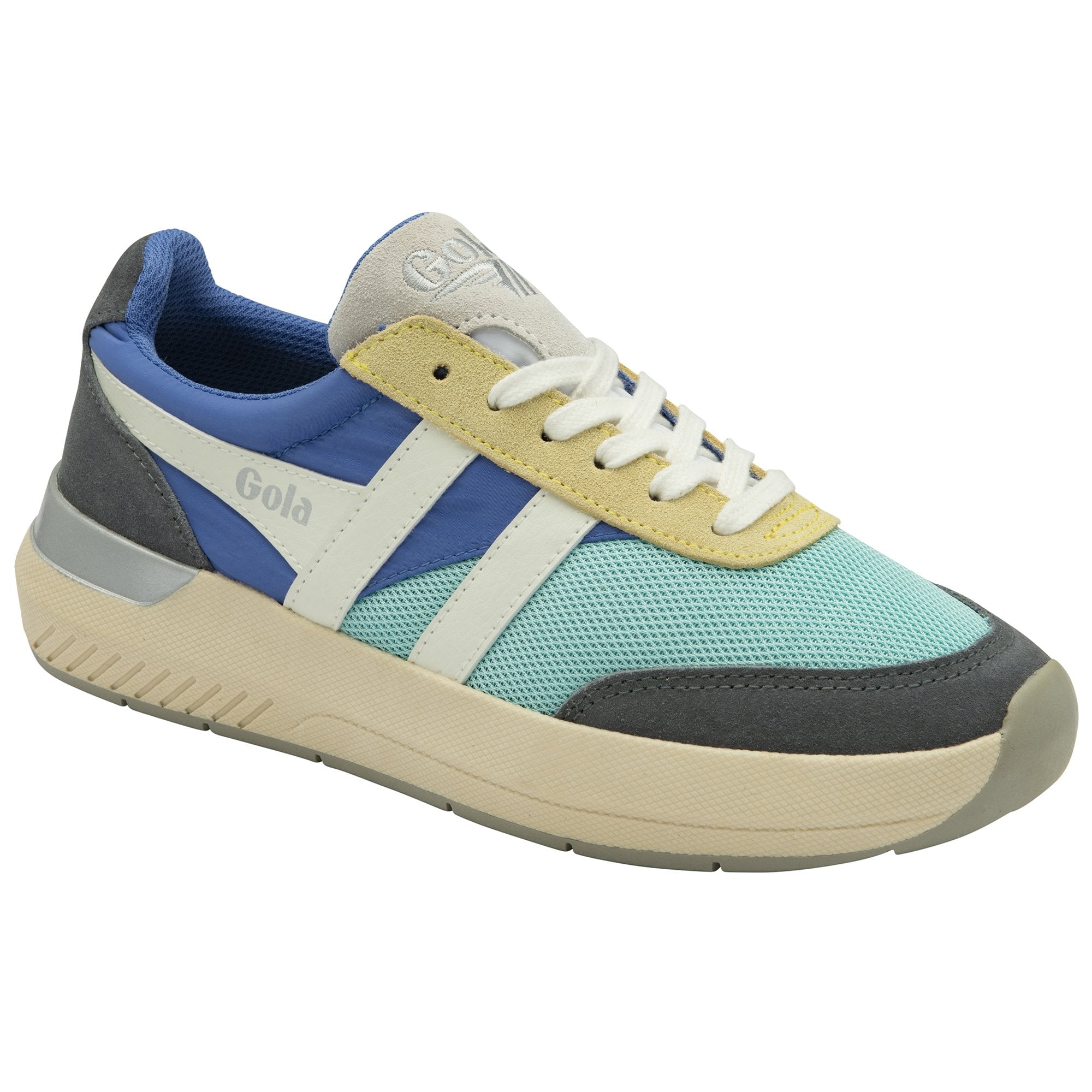 Side view of a single blue, teal, and gray Gola sneaker.