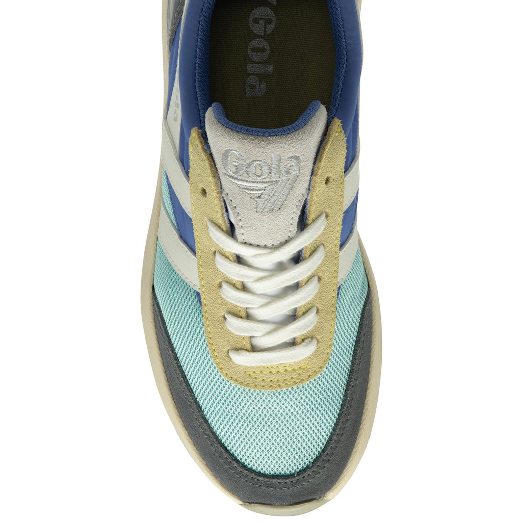 Top-down view of a single blue, teal, and gray Gola sneaker, focusing on the laces.