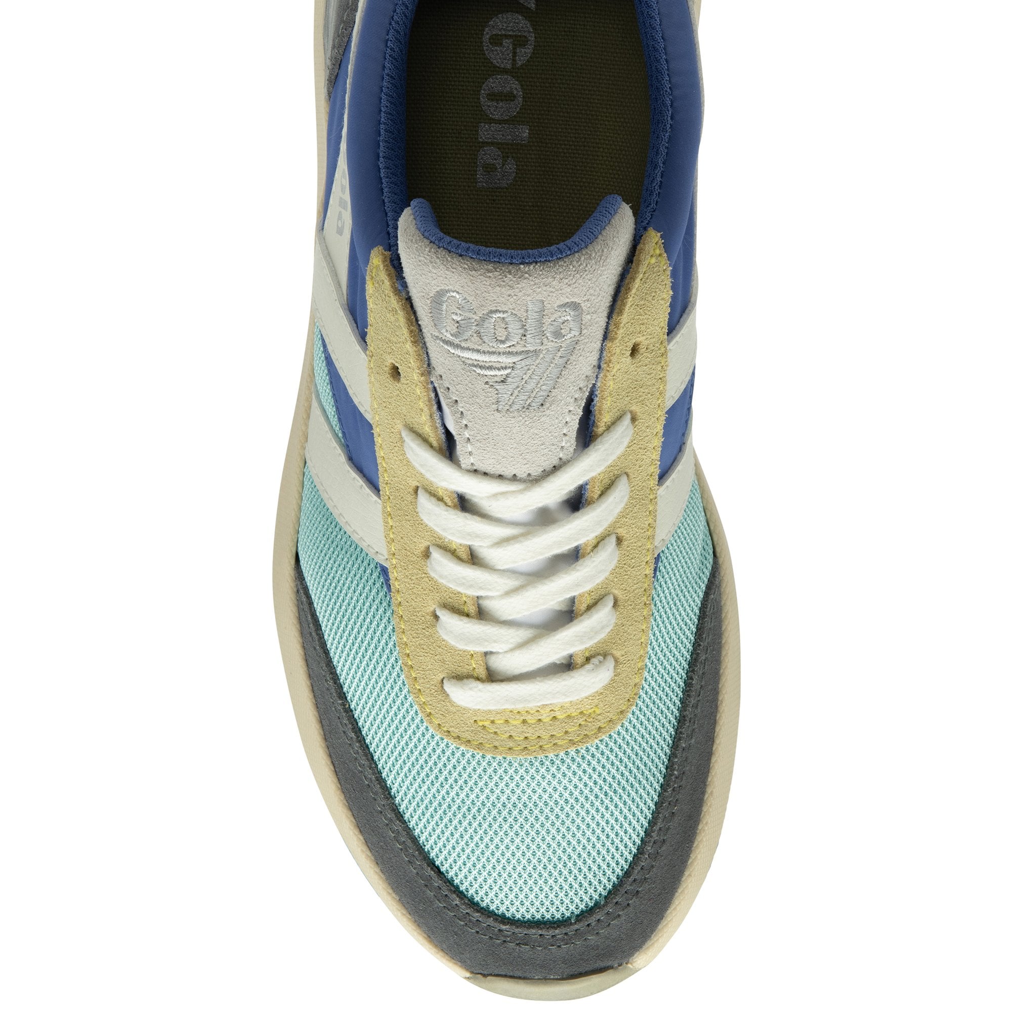 Top-down view of a single blue, teal, and gray Gola sneaker, focusing on the laces.