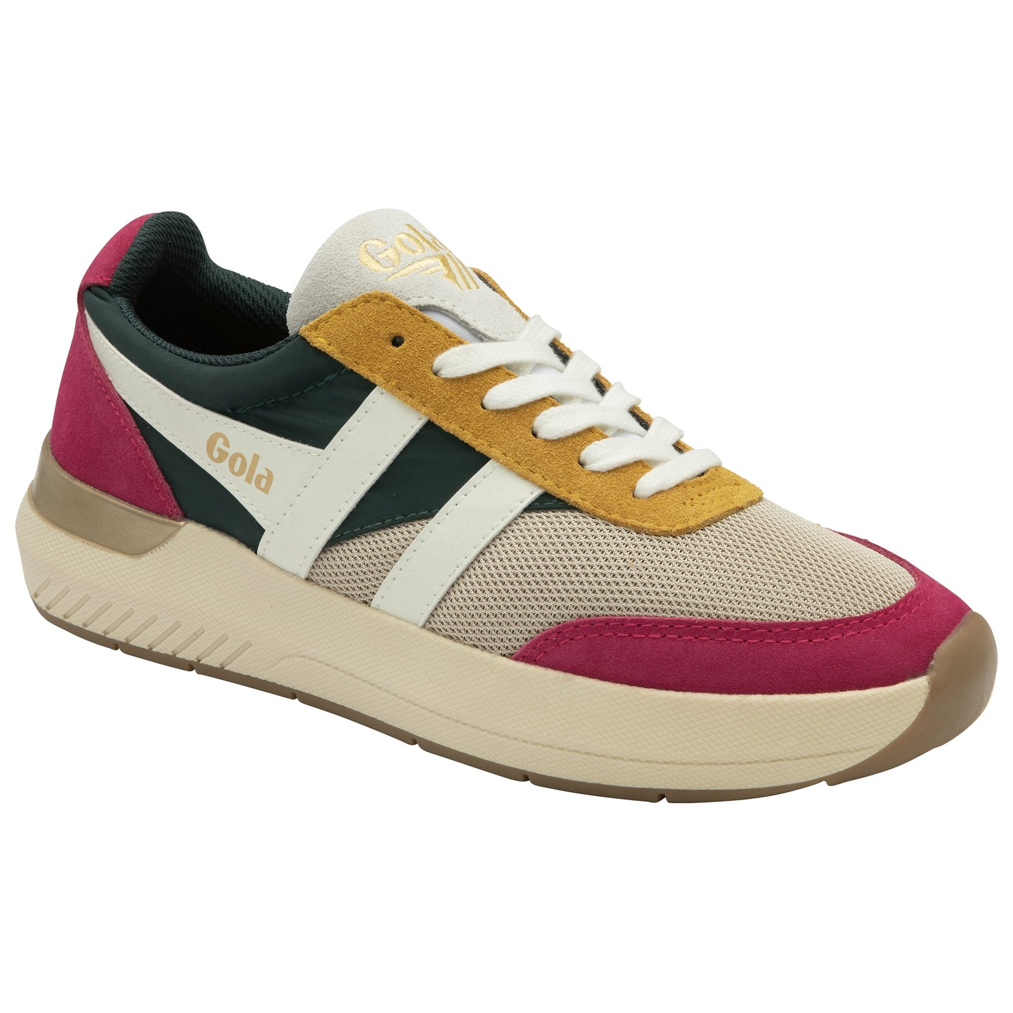 A recycled women's trainer in green, red, beige and yellow with white laces.