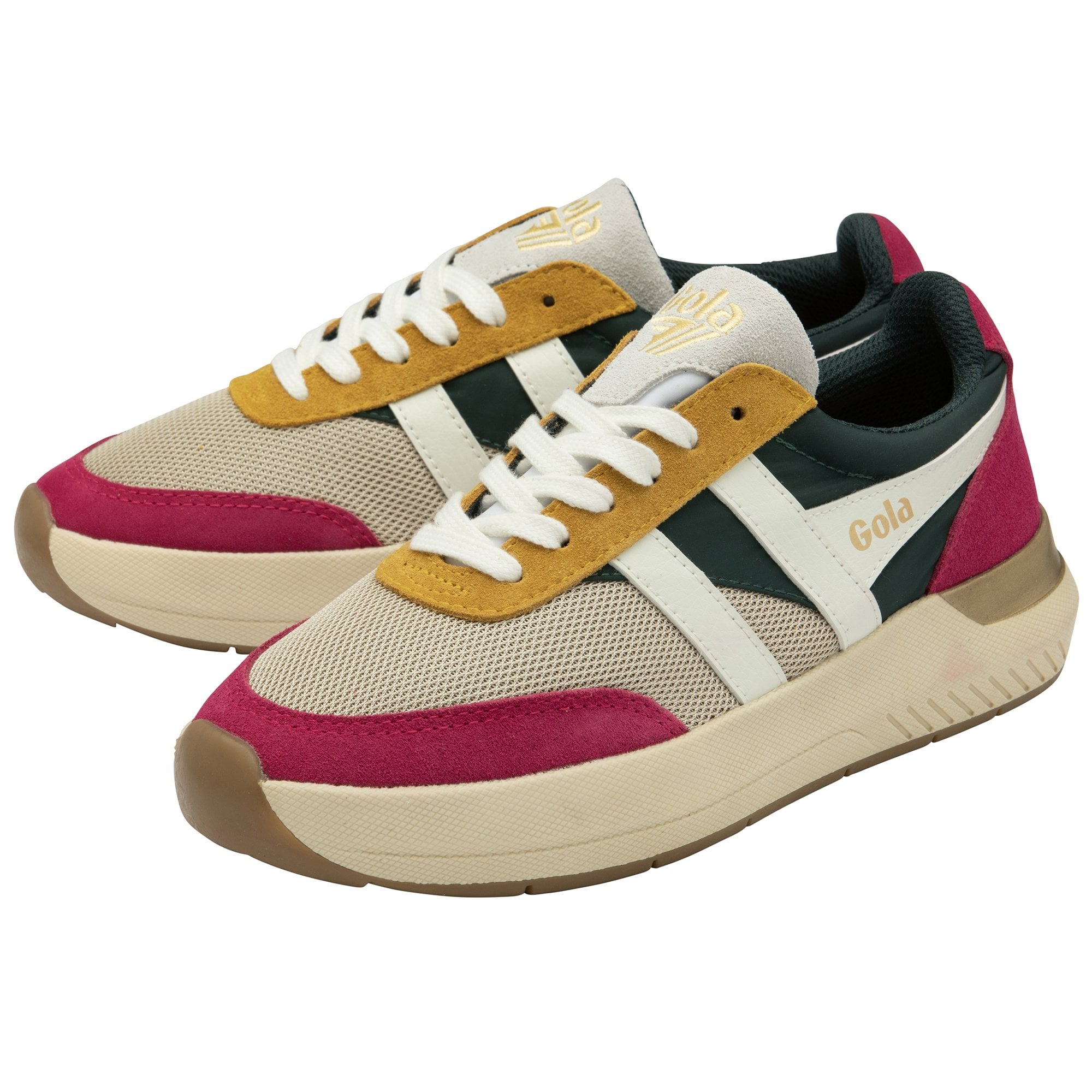 A pair of women's recycled trainers in green, red, beige and yellow with white laces.