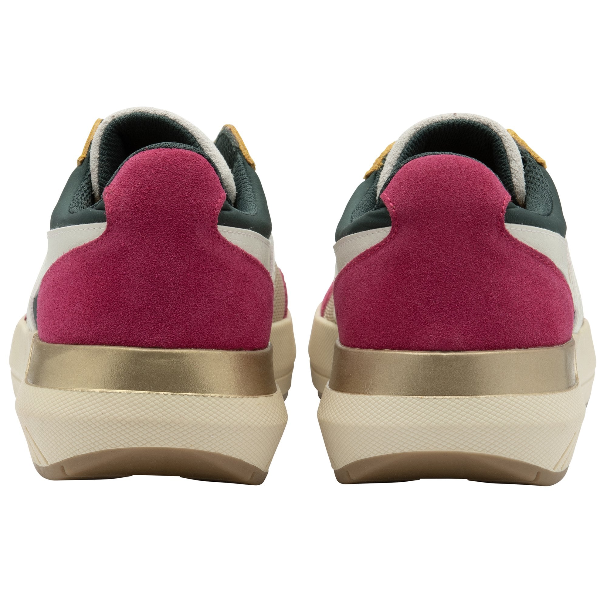 A rear view of women's trainers with red and green heels and a gold section on the sole.
