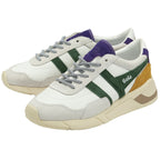 A pair of white Gola sneakers with green stripes, yellow and purple accents.