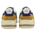 The back view of a pair of white Gola sneakers with purple and yellow accents.