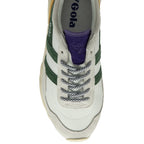 Top-down view of a white Gola sneaker with green stripes and purple tongue.