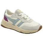 A single Gola sneaker with purple, light blue, and grey accents on a white background.