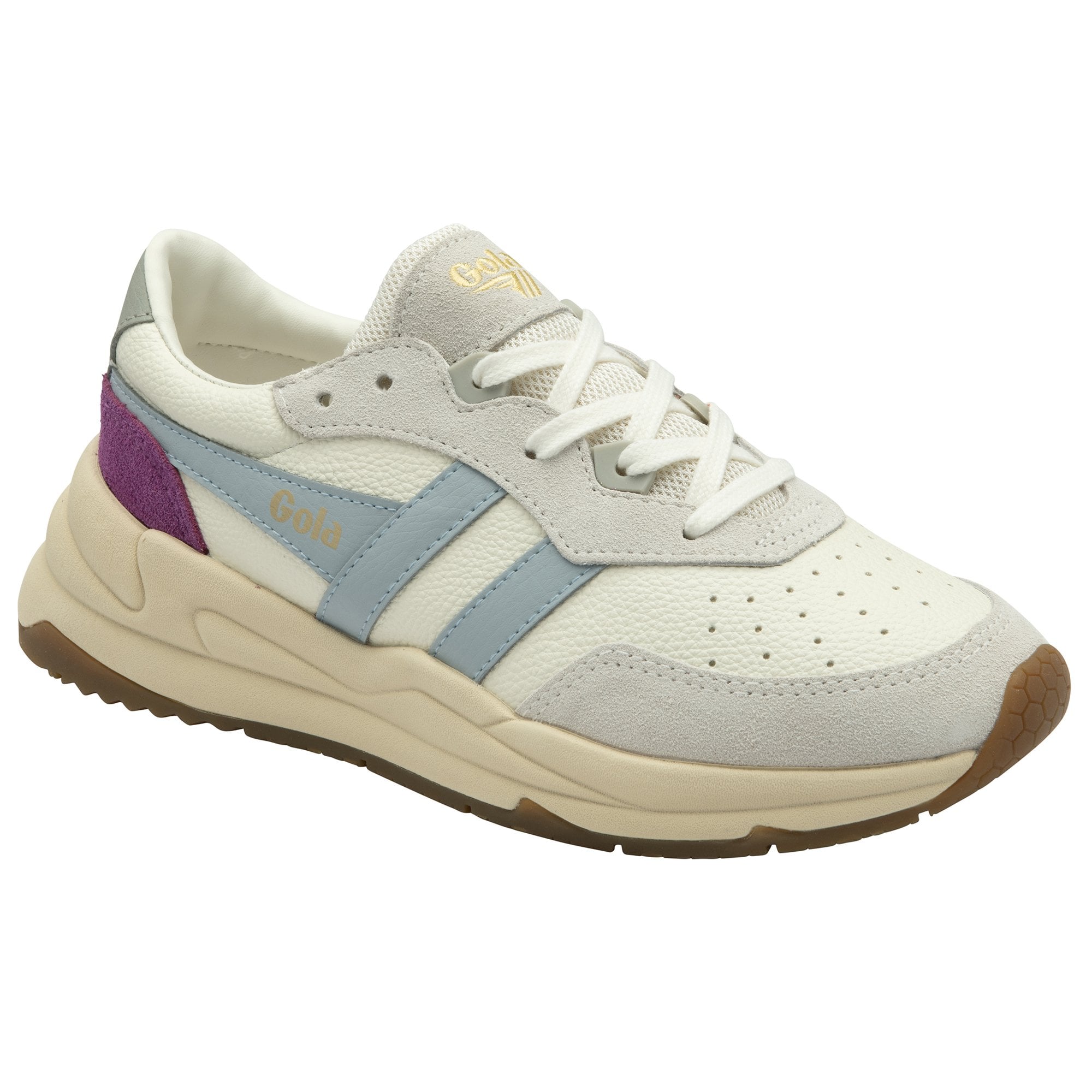 A single Gola sneaker with purple, light blue, and grey accents on a white background.