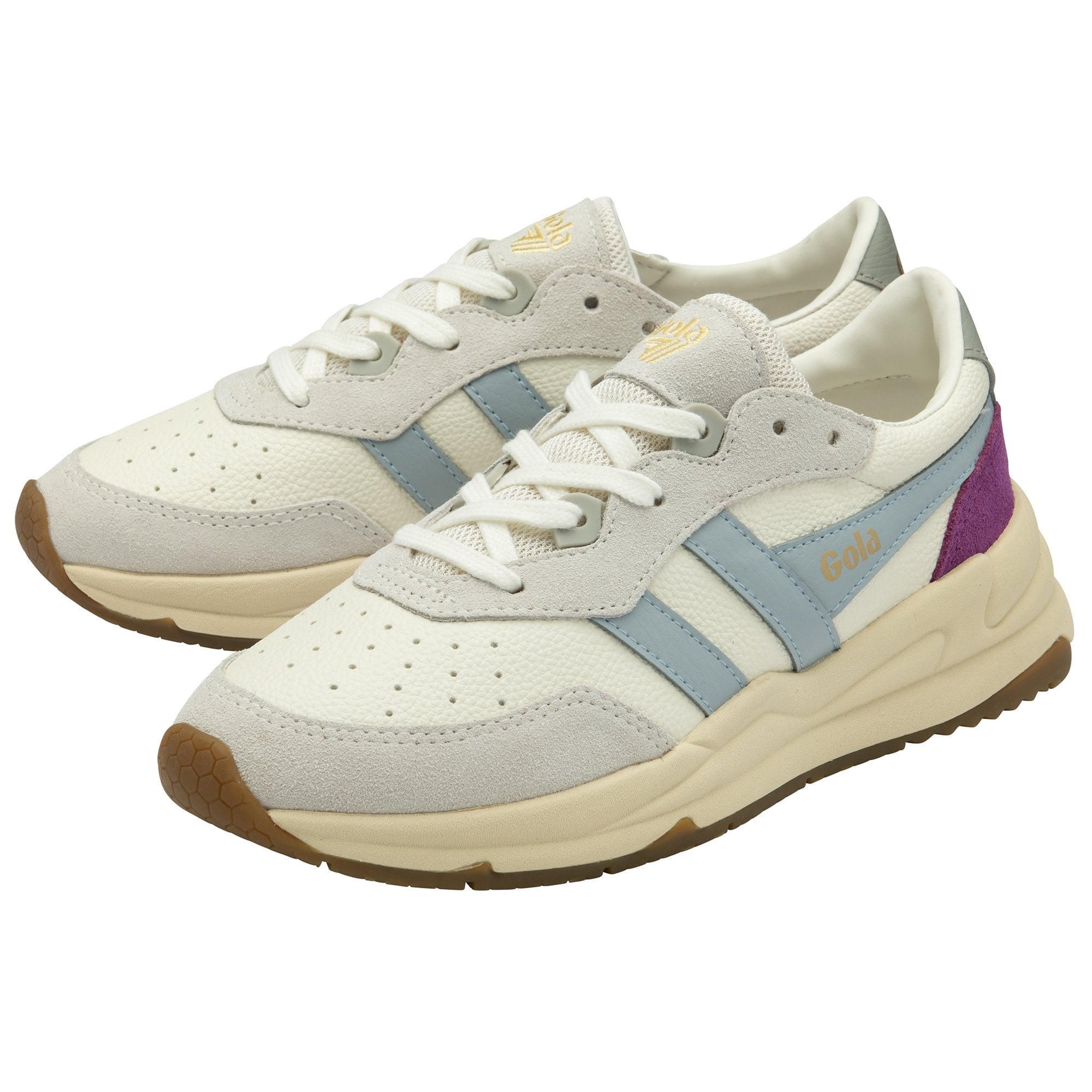 A pair of Gola sneakers with purple, light blue, and grey accents on a white background.