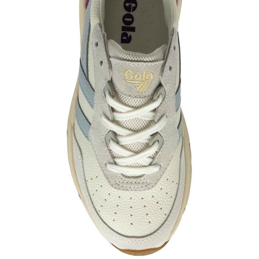 A single Gola sneaker with purple, light blue, and grey accents from the top.