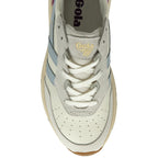 A single Gola sneaker with purple, light blue, and grey accents from the top.