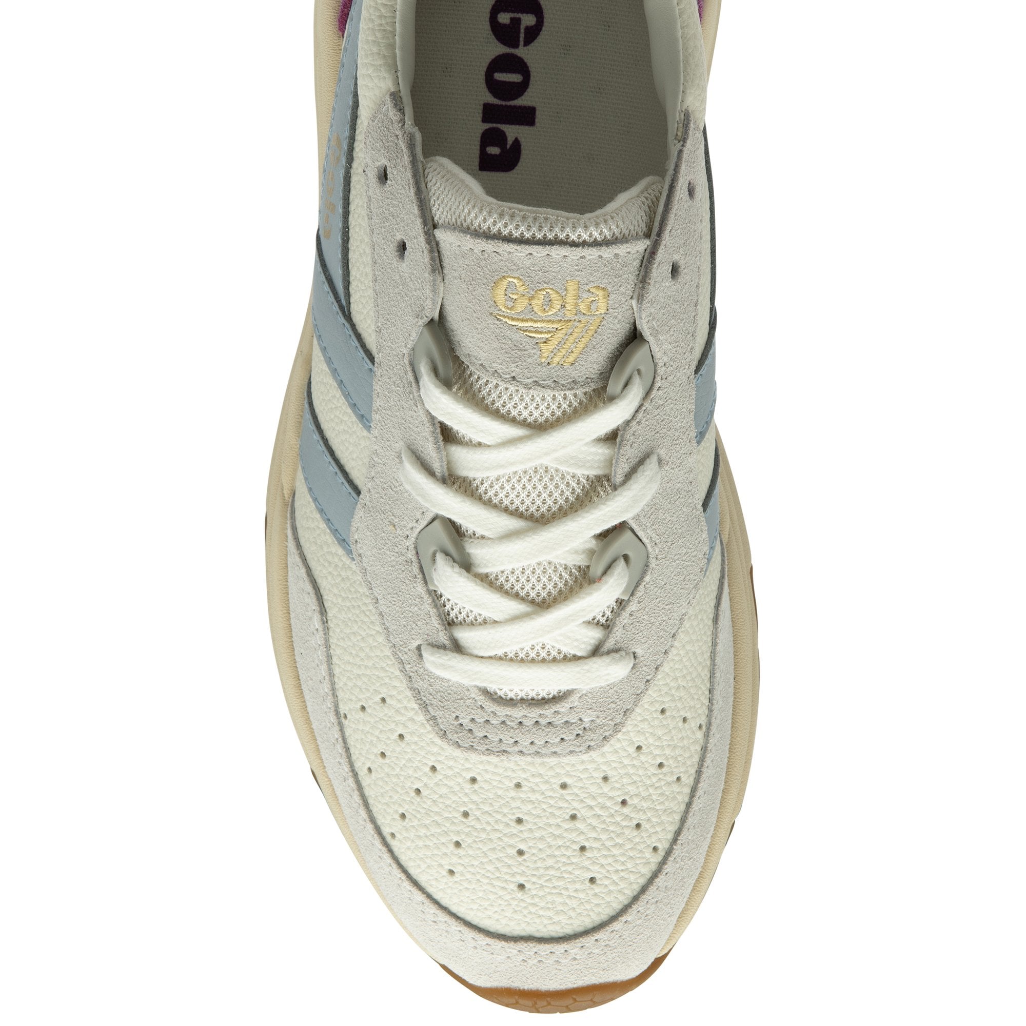 A single Gola sneaker with purple, light blue, and grey accents from the top.