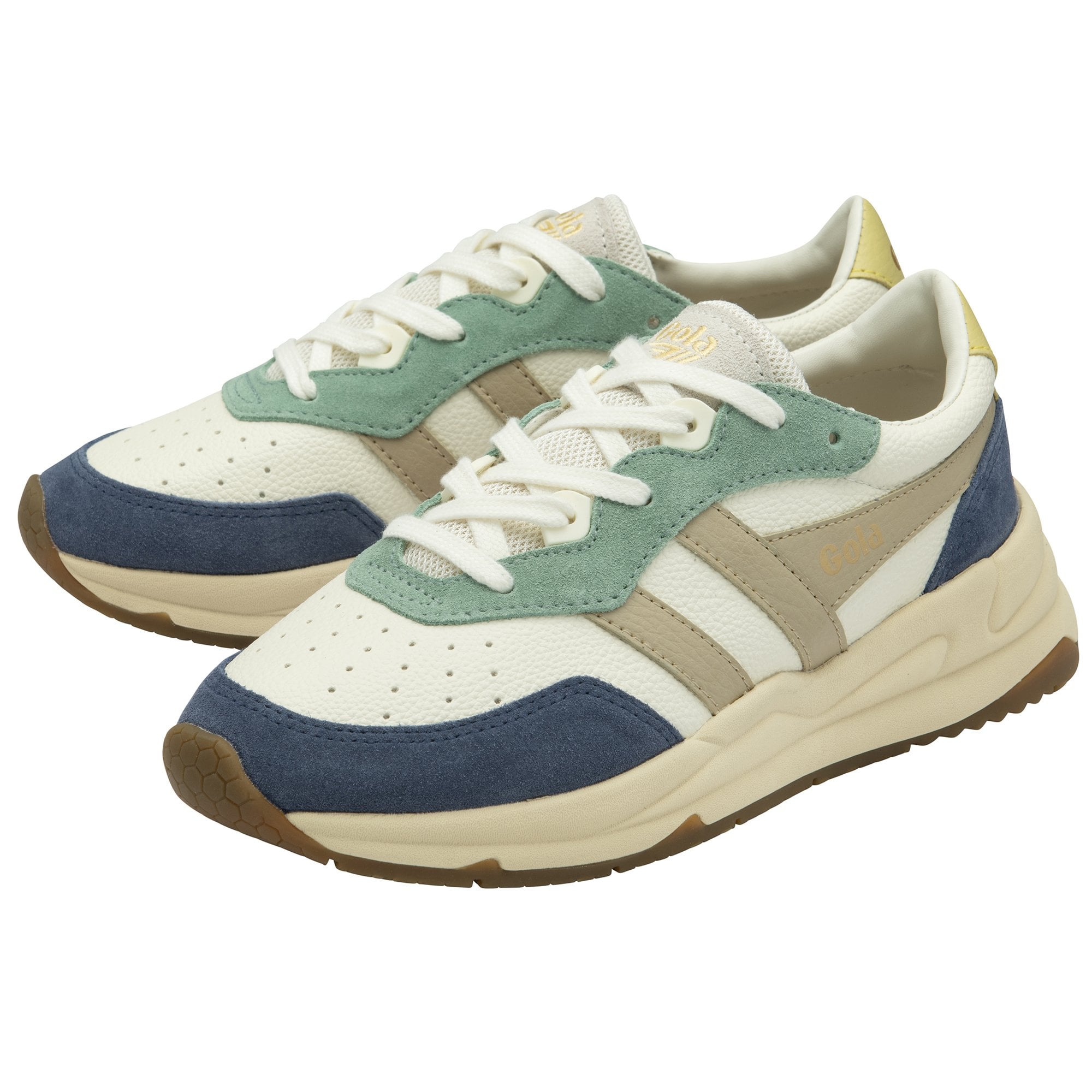 A pair of white, blue, and green sneakers.