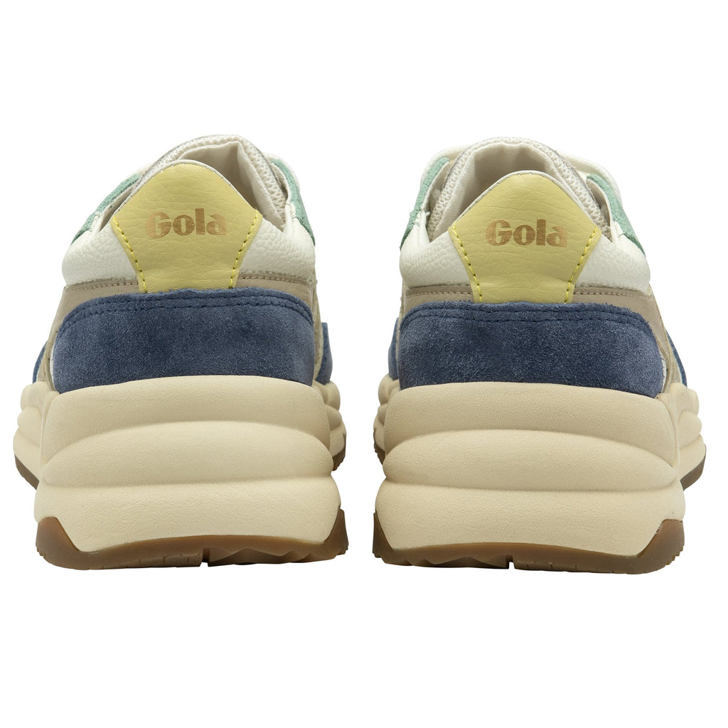 The back view of a pair of white, blue, and green Gola sneakers.