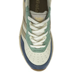 The top-down view of a white, blue, and green Gola sneaker.