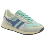 Close-up side view of a mint green and lavender Gola sneaker.