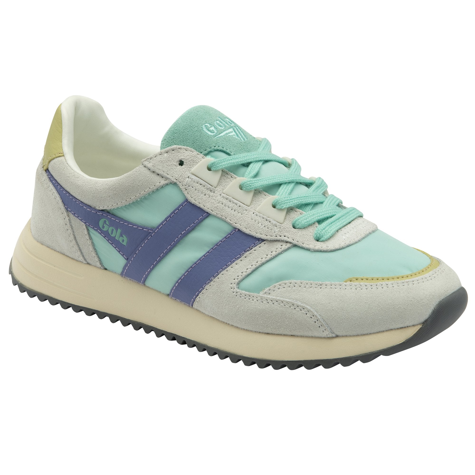Close-up side view of a mint green and lavender Gola sneaker.