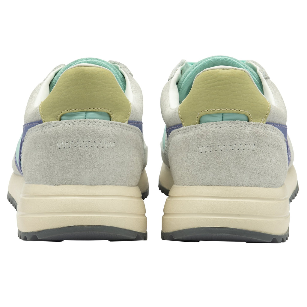 Rear view of a pair of mint green and lavender Gola sneakers.
