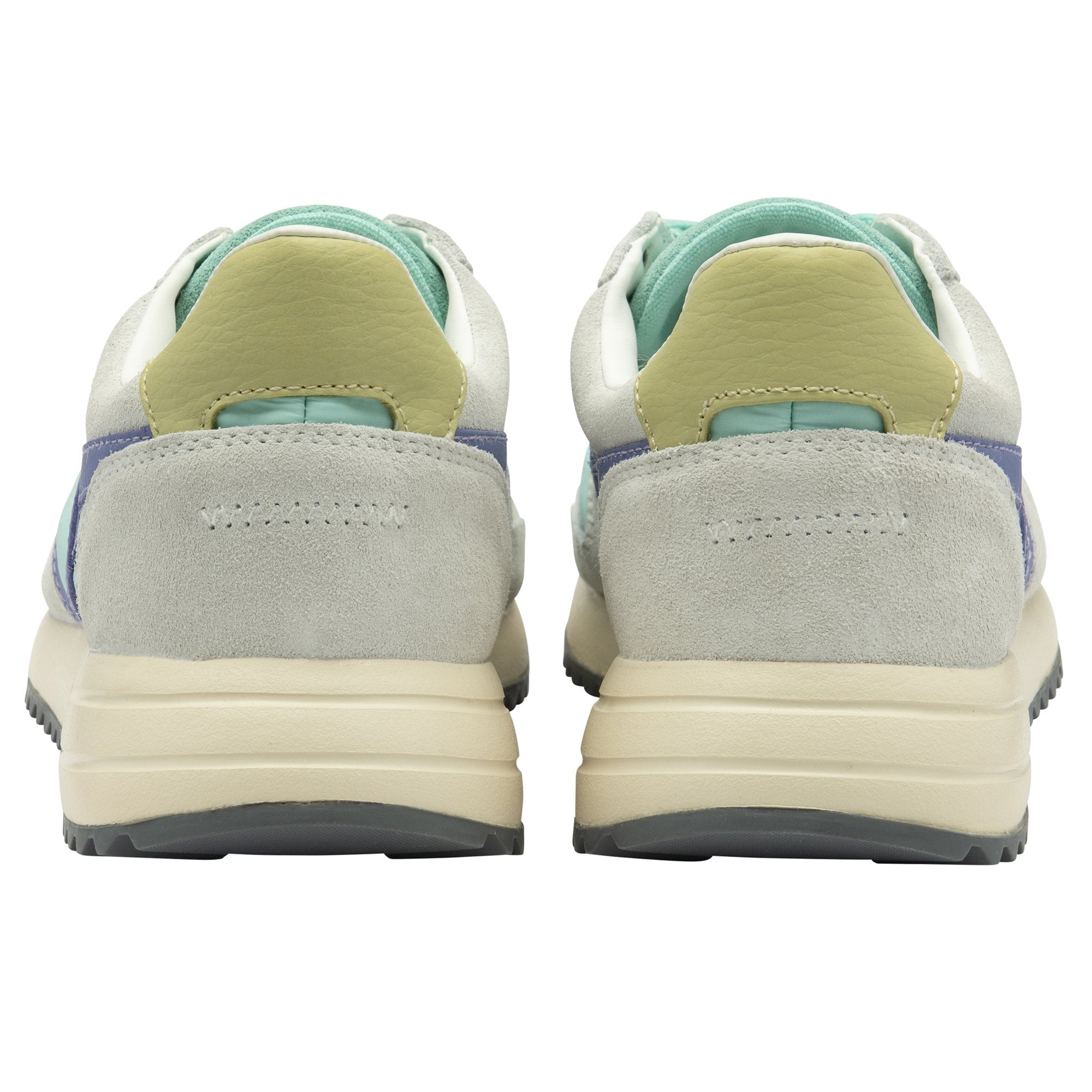 Rear view of a pair of mint green and lavender Gola sneakers.