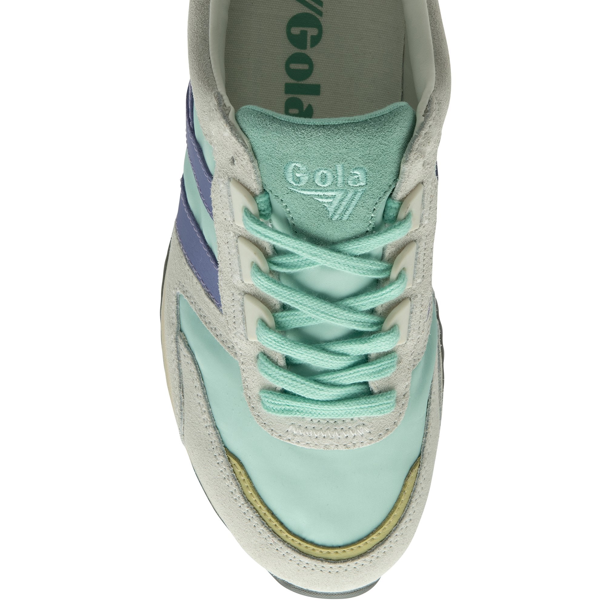Top-down view of a mint green and lavender Gola sneaker, focusing on the laces.