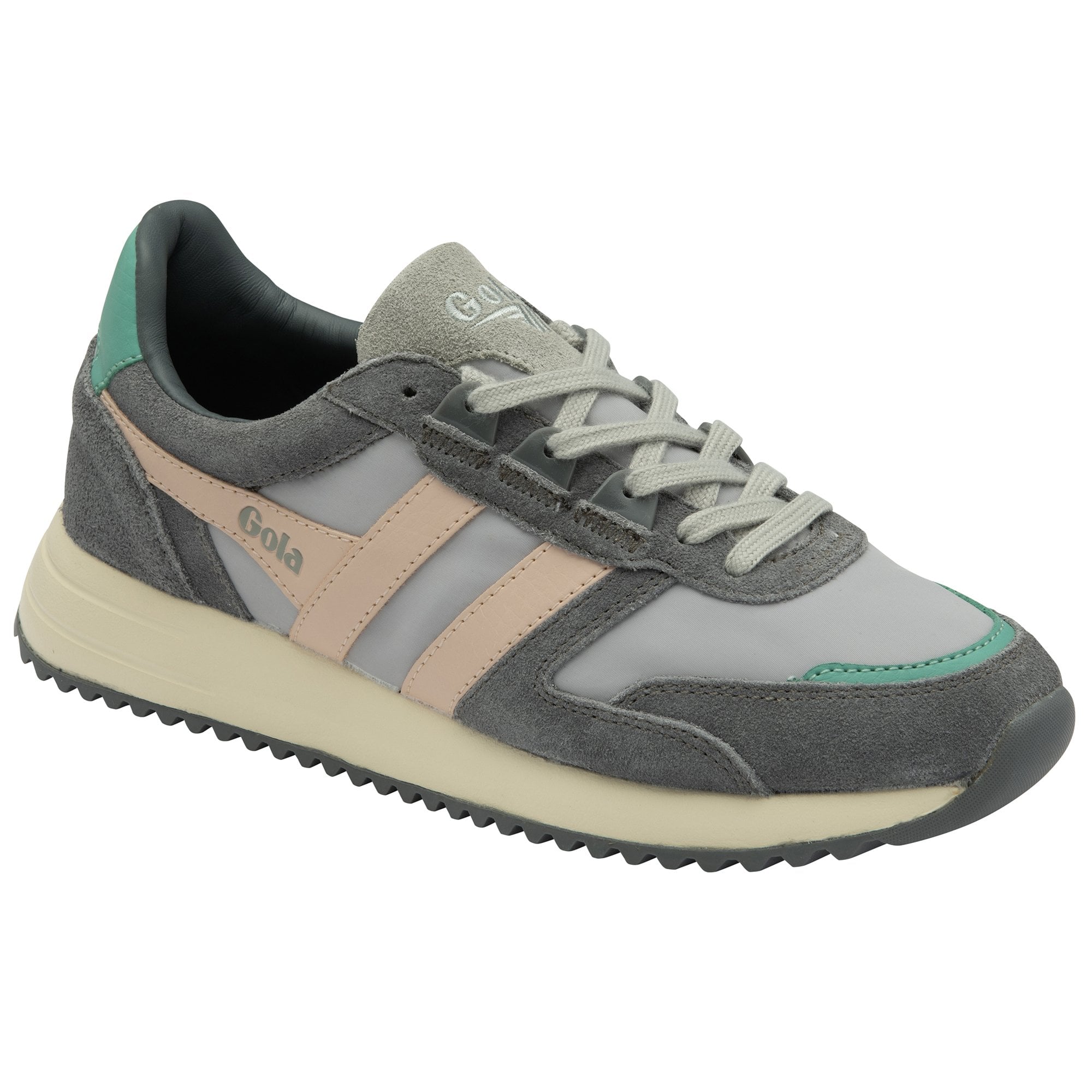 Side profile of a men's Gola shoe in light gray, dark gray, peach, and seafoam green.