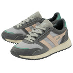 Pair of men's Gola shoes, light gray, dark gray, peach, and seafoam green at an angle.