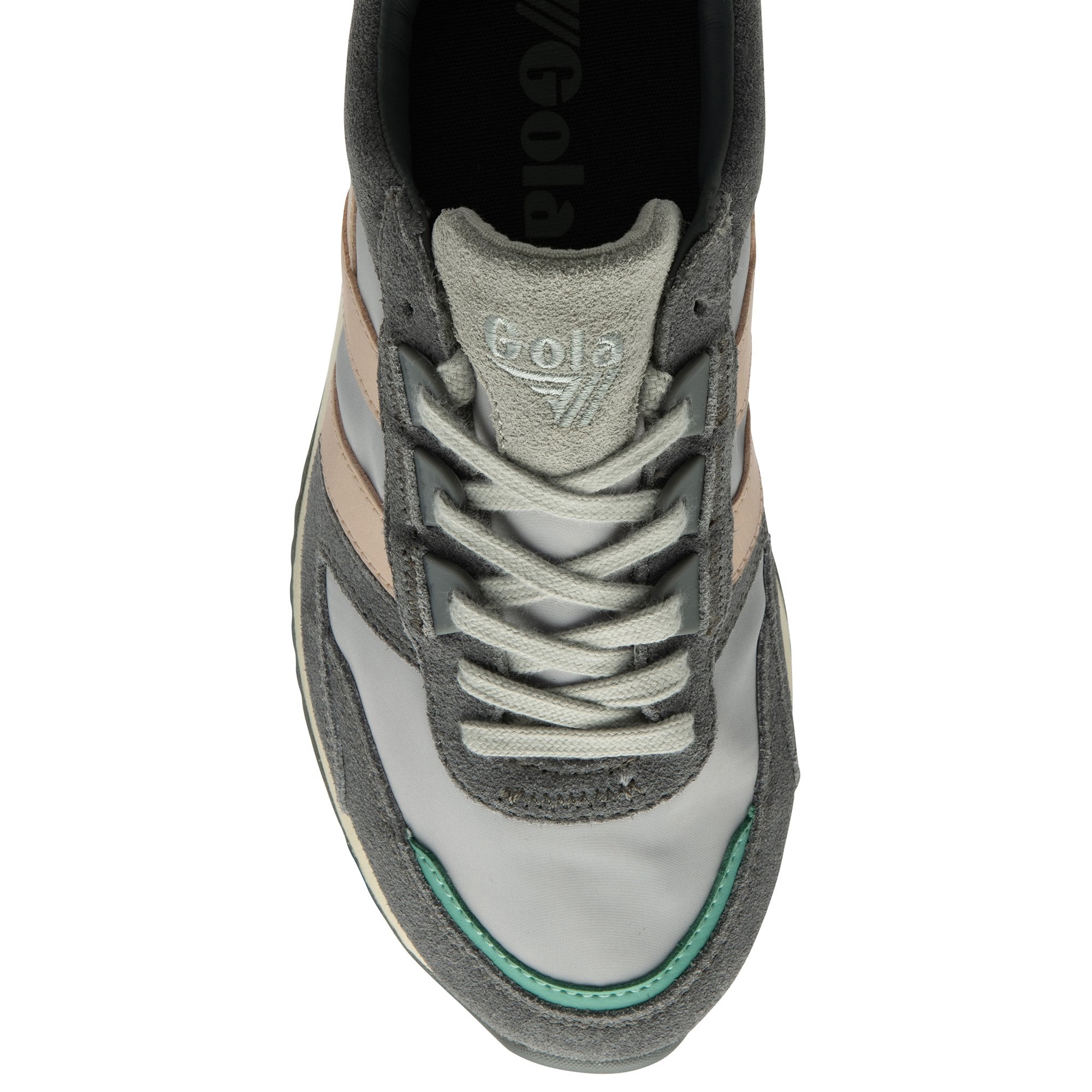 Top profile of a man's Gola shoe, light gray, dark gray, peach, and seafoam green.