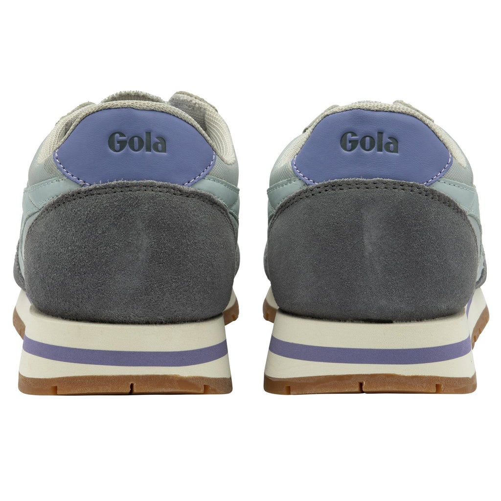Rear view of a pair of Gola Women's Daytona sneakers showing the purple heel accent.