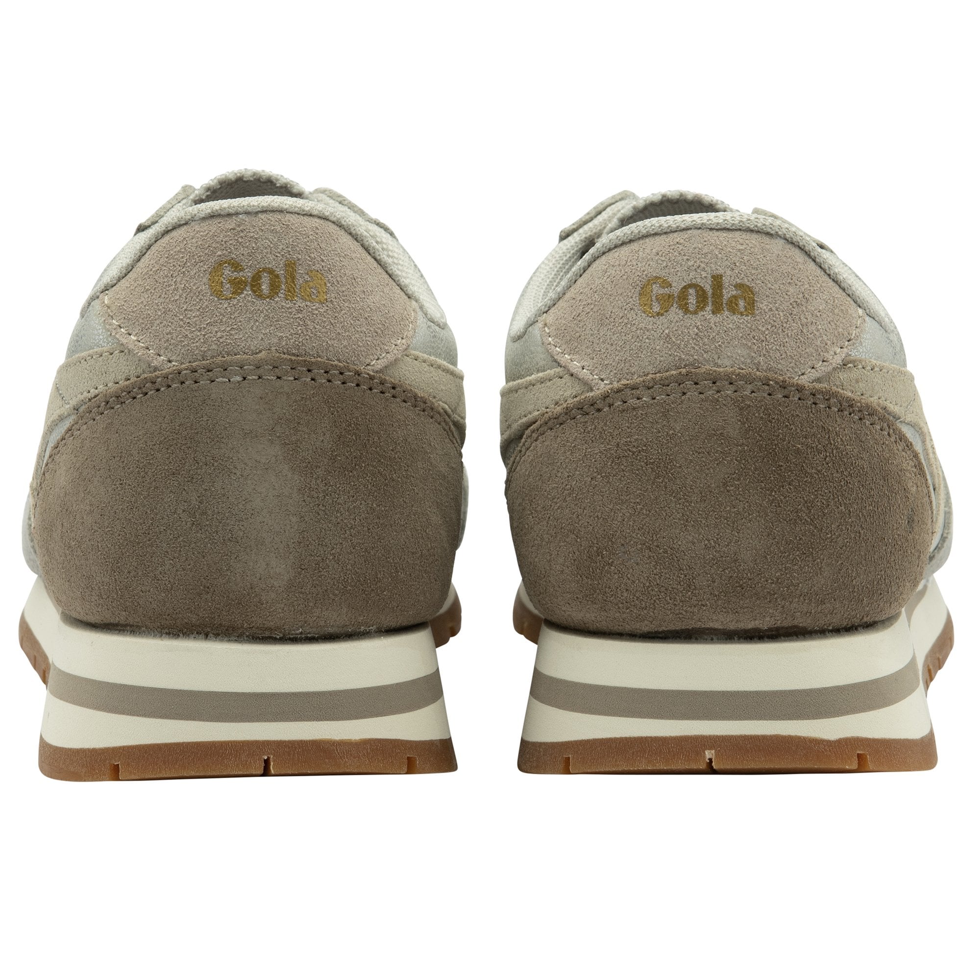A pair of Gola women's trainers in silver and light grey, viewed from the back.