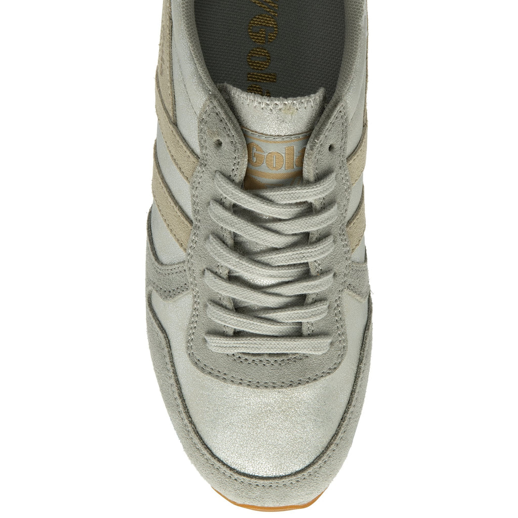 A single Gola women's trainer in silver and light grey, viewed from above.