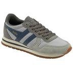 A single grey Gola sneaker with blue stripes.