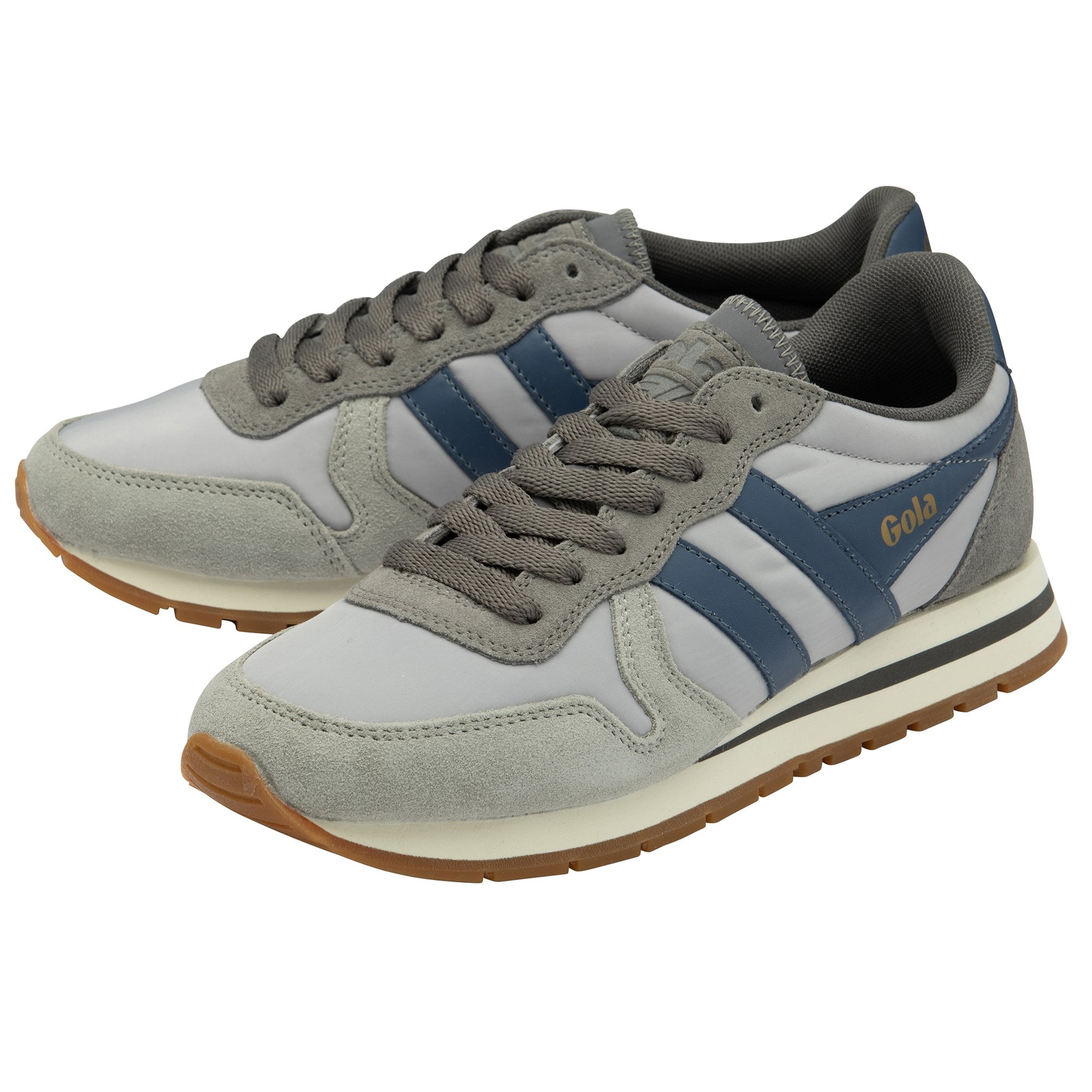 A pair of grey Gola sneakers with blue stripes.