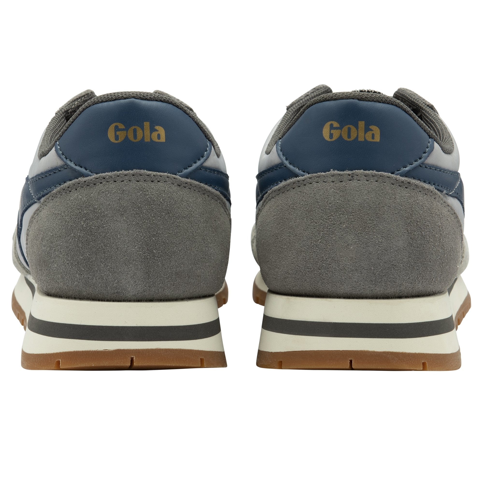 Rear view of a pair of grey Gola sneakers.