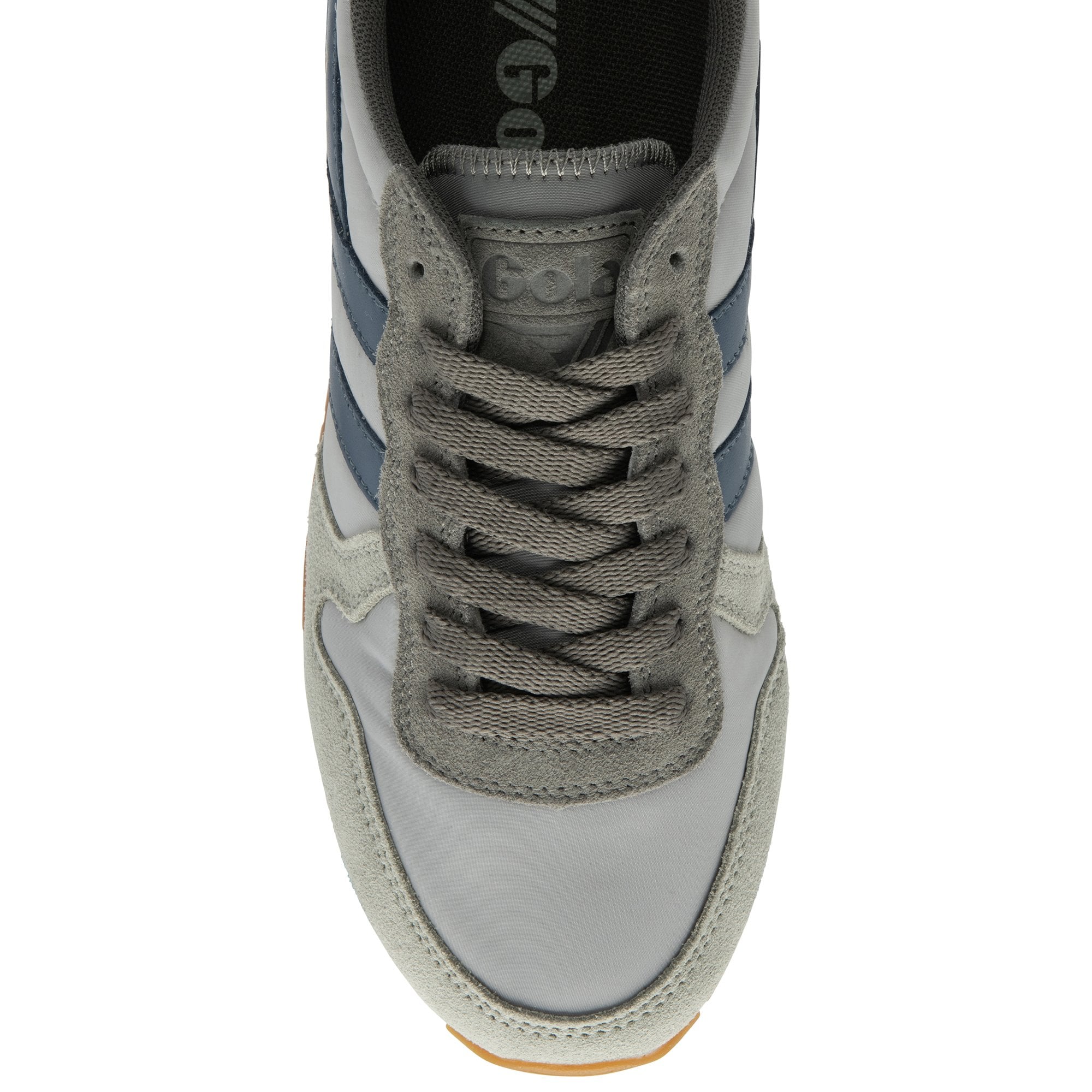 Top down view of a single grey Gola sneaker.