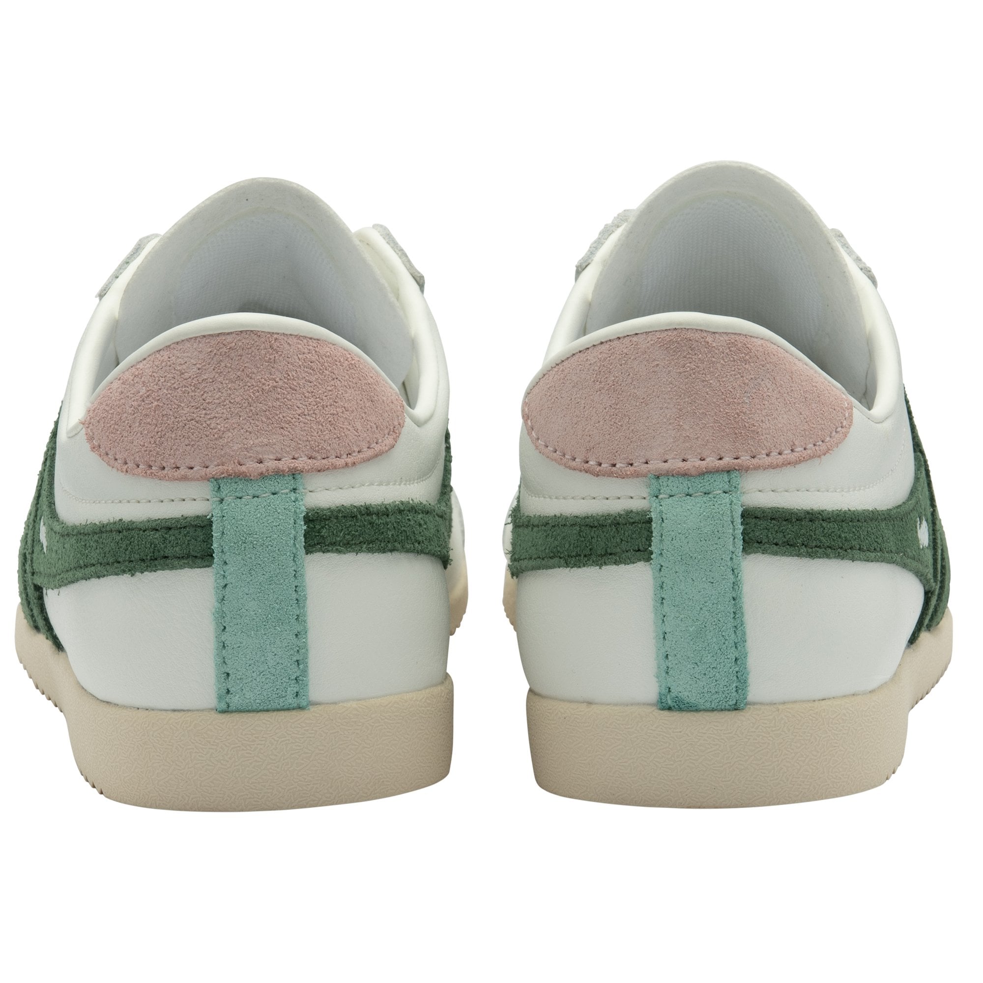 The rear view of two white Gola Bullet trainers with pink heel tabs and light green accents.