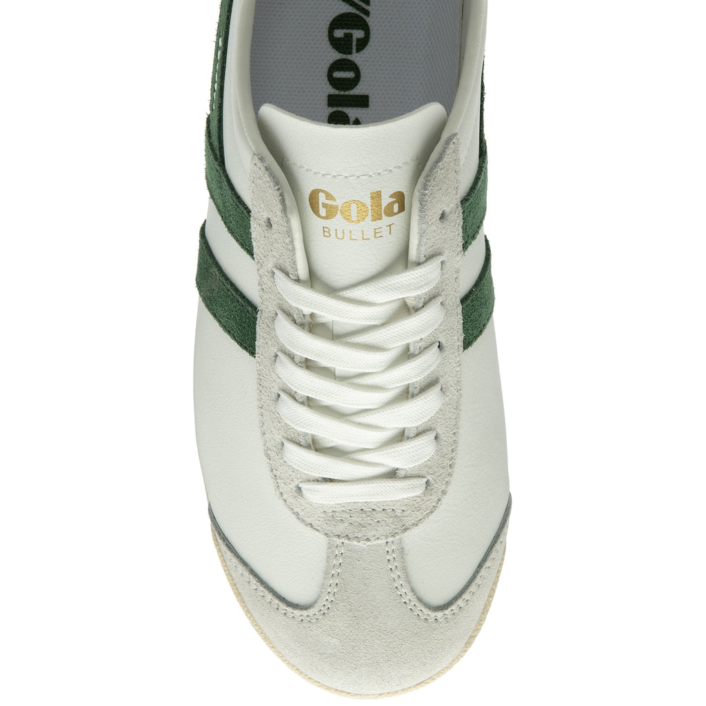 A top-down close-up view of the front of a white Gola Bullet trainer with green stripes.